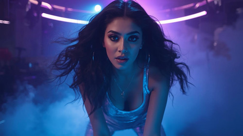 A bold and beautiful Indian woman with wavy hair, shimmering makeup, metallic silver bodycon dress, .jpg