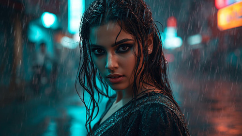 A beautiful Indian girl with wet hair, smoky eyeliner, wearing a black shimmering saree, standing un.jpg