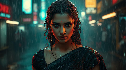 A beautiful Indian girl with wet hair, smoky eyeliner, wearing a black shimmering saree, standing un.jpg
