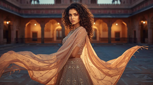 A gorgeous Indian woman with hazel eyes and curly hair, wearing a royal pastel lehenga with mirror w.jpg