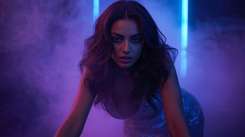 A bold and beautiful Indian woman with wavy hair, shimmering makeup, metallic silver bodycon dress, .jpg