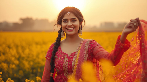 A beautiful Punjabi girl with braided hair, jhumkas, wearing a bright phulkari suit, standing in a m.jpg