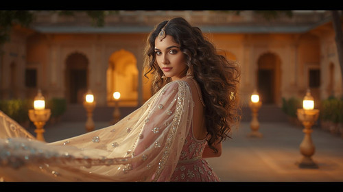 A gorgeous Indian woman with hazel eyes and curly hair, wearing a royal pastel lehenga with mirror w.jpg