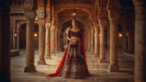 A majestic Indian woman dressed in a deep maroon velvet lehenga embroidered with gold zardozi stands.jpg