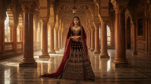 A majestic Indian woman dressed in a deep maroon velvet lehenga embroidered with gold zardozi stands.jpg