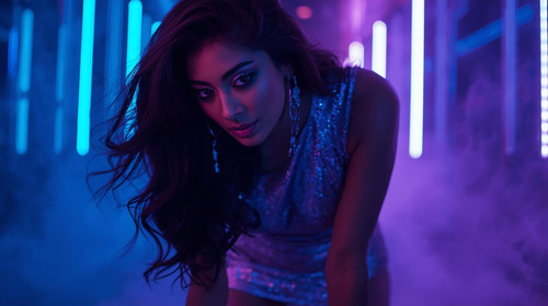 A bold and beautiful Indian woman with wavy hair, shimmering makeup, metallic silver bodycon dress, .jpg