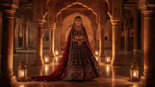 A majestic Indian woman dressed in a deep maroon velvet lehenga embroidered with gold zardozi stands.jpg