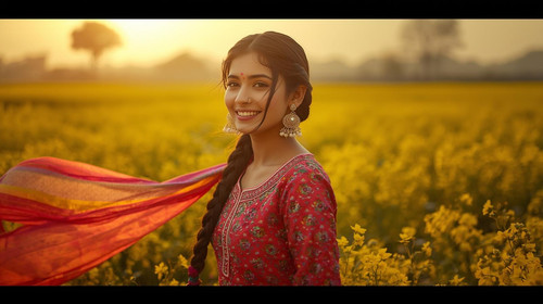 A beautiful Punjabi girl with braided hair, jhumkas, wearing a bright phulkari suit, standing in a m.jpg