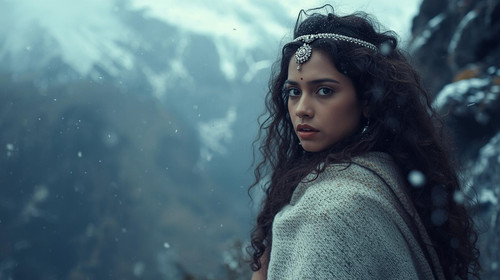 A beautiful Indian girl with light brown skin and long curly hair wears a white woolen shawl and sil.jpg