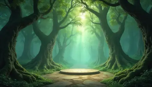 mystical forest stage background green trees moss ferns circular stone platform sits path illuminate.webp