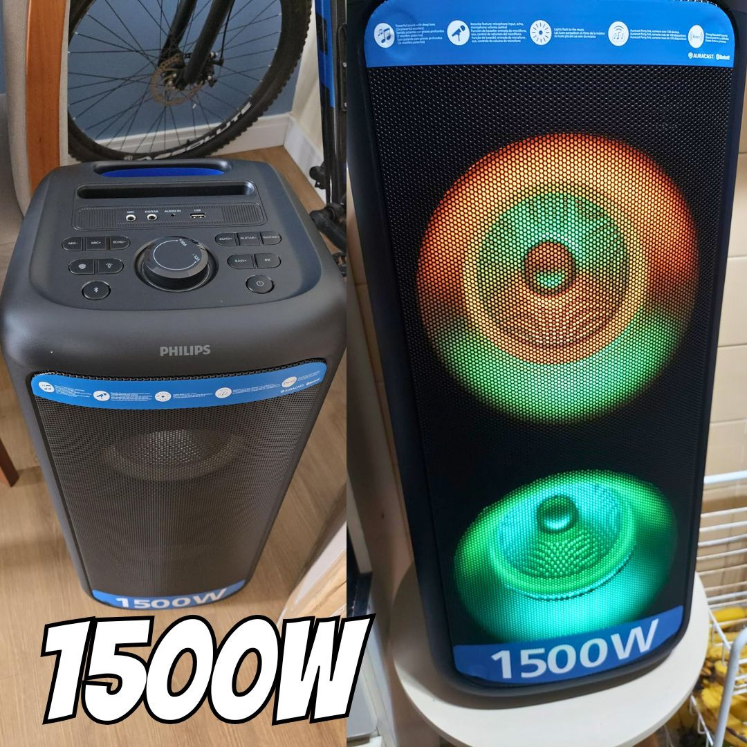 PHILIPS, Caixa de Som Bluetooth Party Speaker, TAX4000/78, com Luzes LED, entradas USB, Auxiliar, Microfone/Guitarra e Alça para Transporte