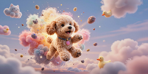 An Absurdly Adorable Alien floating in the air surrounded by a chaotic explosion of fluffy labradood.jpg