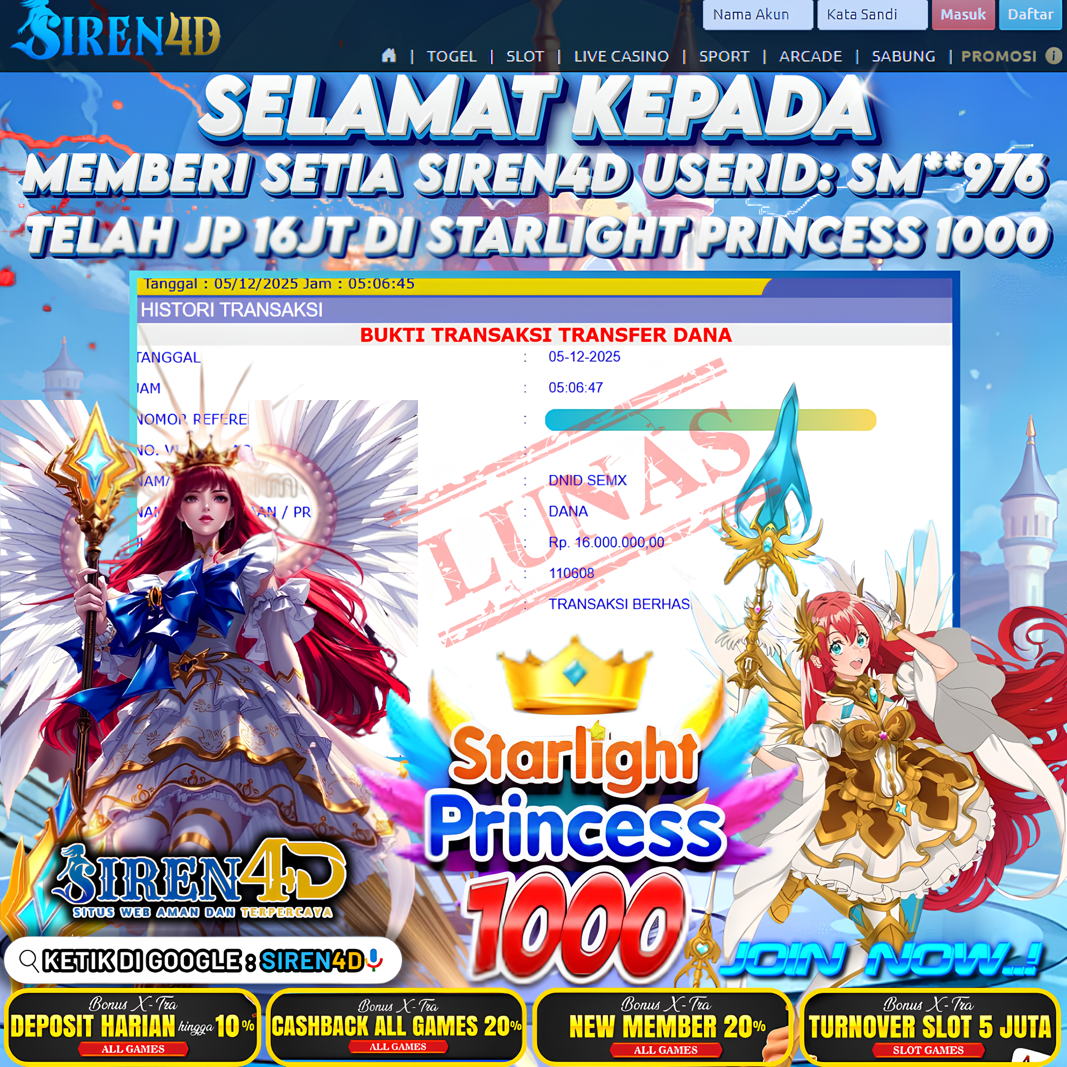 SIREN4D  - JACKPOT DI GAME STARLIGHT PRINCESS 1000 RP 16JT DIBAYAR LUNAS