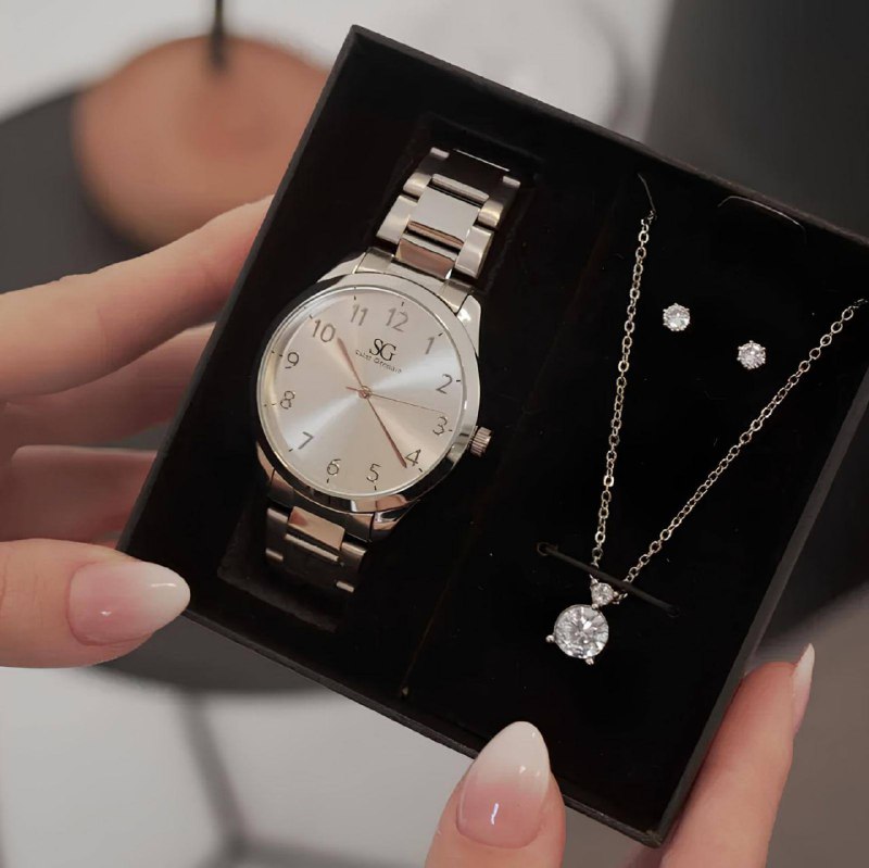 Kit Relógio Colar E Brincos Ponto De Luz Prateado Feminino Luxo Silver Saint Germain Presente Original Joias Elegante Clássico 38mm