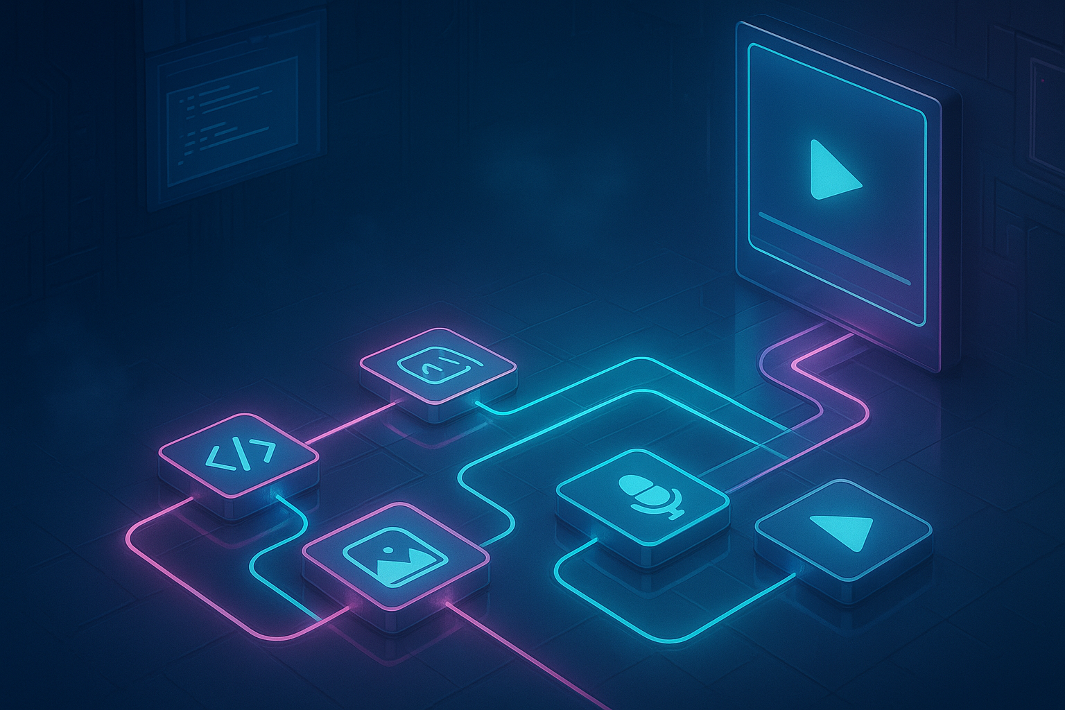 An isometric cyber-lab scene showing a flow of connected nodes as glowing tiles, each labeled by iconography of tasks like script, character design, scene render, voiceover, and final export. Thin neon lines interconnect them into a pipeline snaking across the floor toward a large vertical screen playing a finished video. Cool cyan and magenta palette, soft fog, high detail, reflective surfaces, no text, no logos.