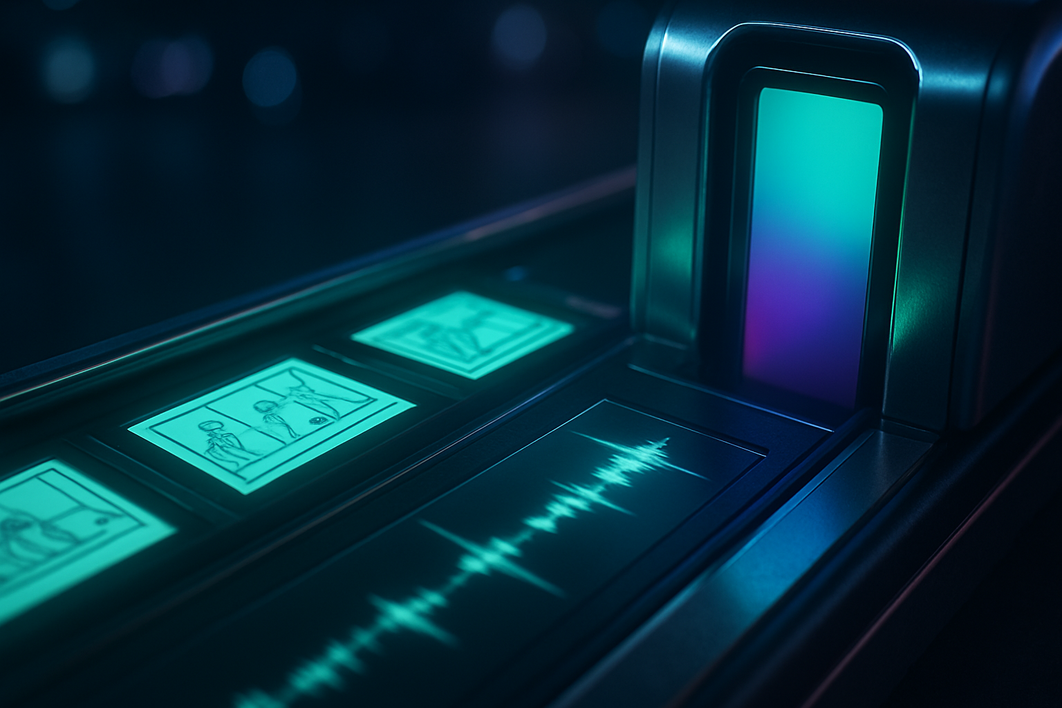 A cinematic macro view of a conveyor belt carrying luminous storyboard frames, captions, and audio waveforms toward a sleek output slot where a polished vertical video emerges. Soft bokeh lights, shallow depth of field, chrome and carbon textures, teal and purple highlights, no text or logos.
