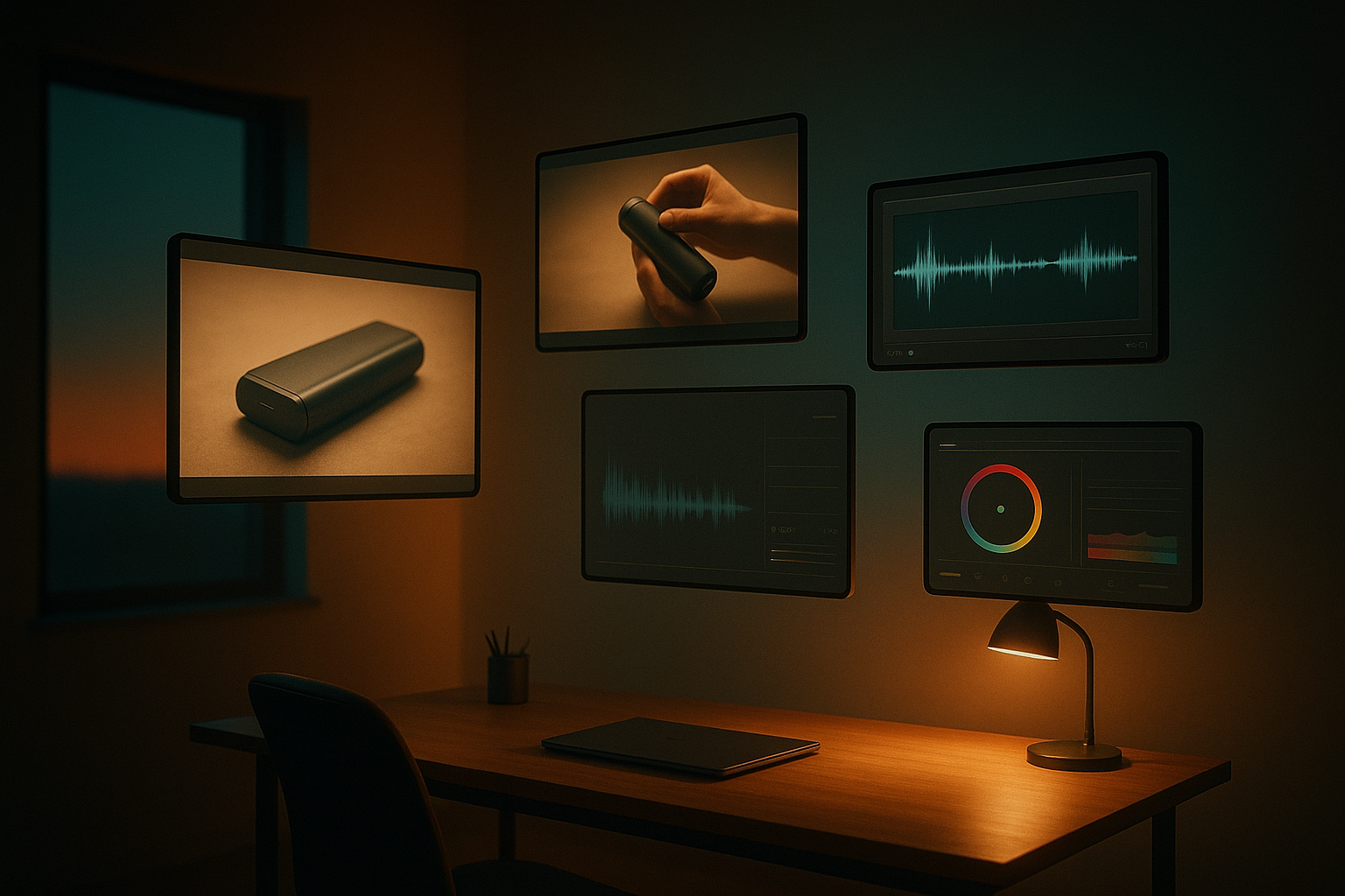 A minimalist creative studio at dusk with multiple floating screens showing frames of a product demo, captions, waveform, and color grading controls. Warm rim light, amber and teal palette, soft grain, high realism, no text or logos.