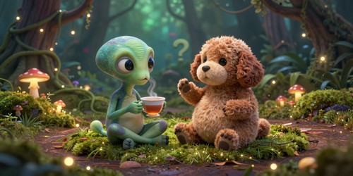 An Absurdly Adorable Alien with big round glowing eyes and a tiny wobbly body sitting cross legged o.jpg