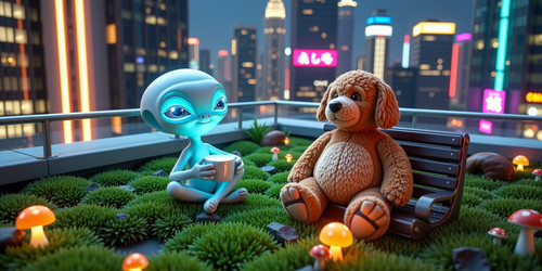 An Absurdly Adorable Alien with big round glowing eyes and a tiny wobbly body sitting cross legged o.jpg