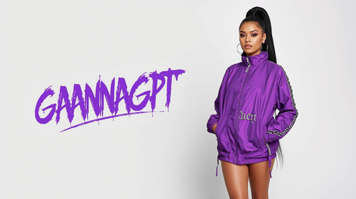 16 9 image, matte white background. Popstar placed on the right, height at 40%, wearing purple neon .jpg