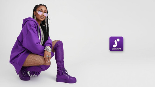 16 9 clean white backdrop. Popstar placed on the extreme left, scaled to 40% height. She wears a pur.jpg