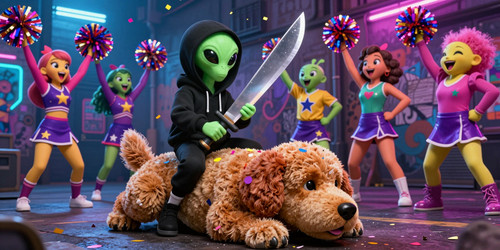 Absurdly Adorable Alien in a black hooded sweatshirt sitting triumphantly atop Big Belly Bob a plush.jpg