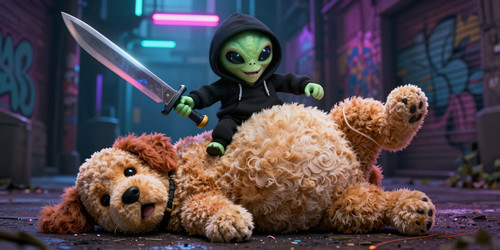 Absurdly Adorable Alien in a black hoodie standing triumphantly over Big Belly Bob who is a plush la.jpg