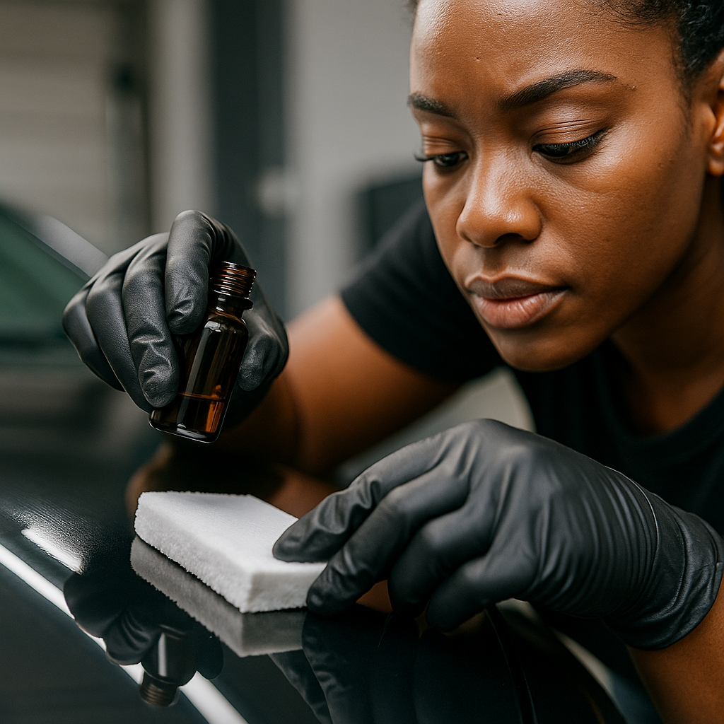 Black woman applying ceramic coating with a suede applicator block
