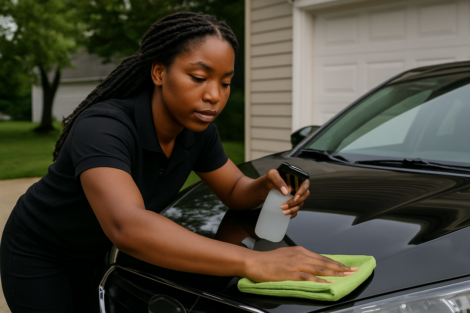 Close up of microfiber towel polishing a glossy car panel during clay and polish exterior detail