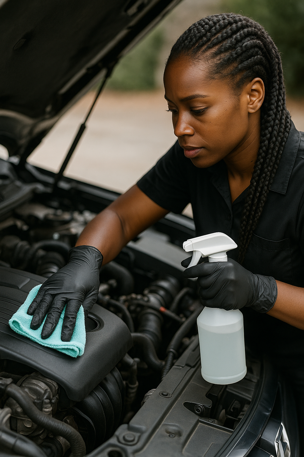 Black woman wiping down plastic covers in a car engine bay with a microfiber towel