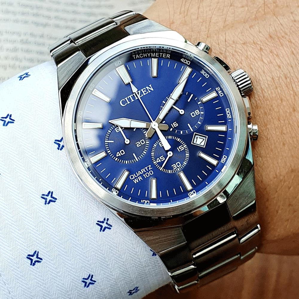 Citizen Relógio masculino clássico cronógrafo de quartzo, aço inoxidável, Pulseira de prata, mostrador azul