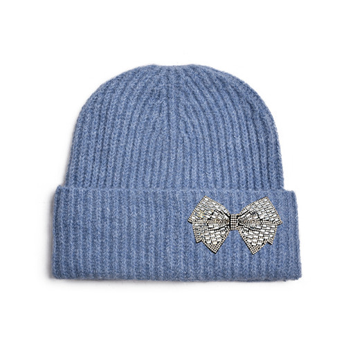SKU 07 蓝色 水钻蝴蝶结成人毛线帽.jpg