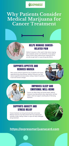 Cancer patients frequently consider medical marijuana as a treatment for the side effects of their therapy. Many of them say that cannabis is helpful with such side effects as chronic pain, nausea, vomiting, and loss of appetite due to radiation or chemotherapy. Initially, patients do not think of it as a cure but rather consider it as an adjunct therapy when conventional treatment has very unpleasant side effects or has practically no symptom relief under the supervision of a doctor and after personalized consultations with qualified healthcare professionals involved in the treatment process.
Visit: https://expressmarijuanacard.com/medical-marijuana-eligibility-which-conditions-make-the-list/