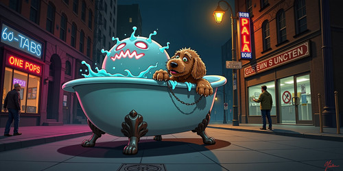 Big Belly Bob BBB a plush labradoodle with an absurdly large spherical belly is desperately trying t.jpg