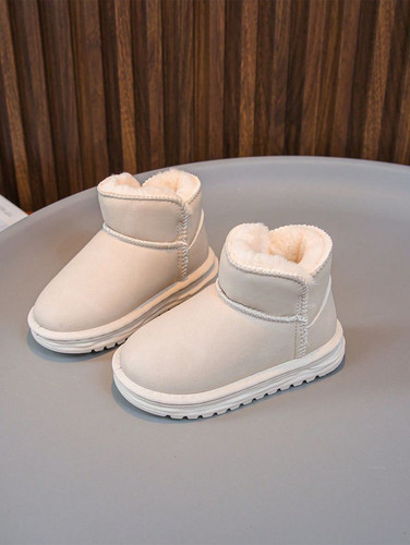 Children's Winter Outdoor Fashion Solid Color Thermal Lined Leather Waterproof Snow Boots, Flat Pull.jpg