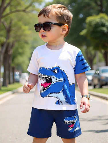 1 Set Toddler Boys Cartoon Style Outfit, T Shirt With Fierce Blue Dinosaur Print, Black Stripe Sleev.jpg