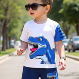 1 Set Toddler Boys Cartoon Style Outfit, T Shirt With Fierce Blue Dinosaur Print, Black Stripe Sleev