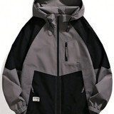 Men Colorblock Letter Patched Detail Drawstring Hooded Jacket