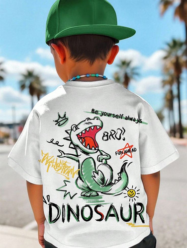 Tee shirt col rond à manches courtes, imprimé de dinosaures de style dessin animé, simple et décontr.jpg