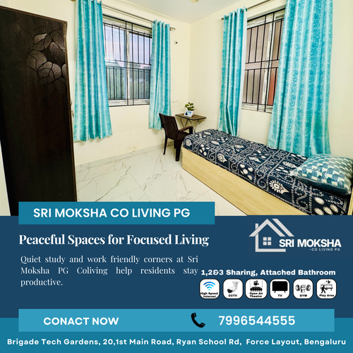 Sri Moksha PG Coliving offers quiet corners ideal for studying and remote work.