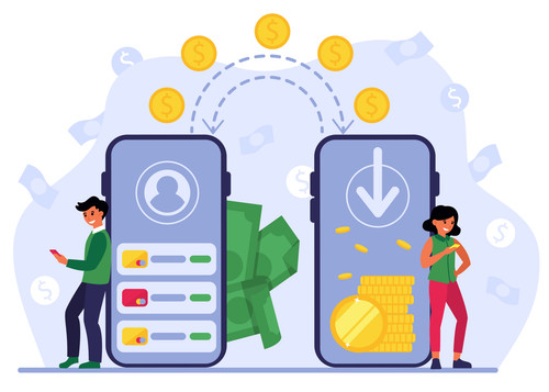 People using mobile bank for remittance of money. Man and woman with smartphones sending coins to ea.jpg