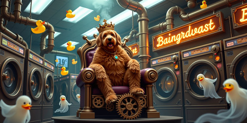 Big Belly Bob BBB the regal labradoodle King of the Laundromats sits atop a throne of polished brass.jpg