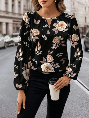 Femmes Blouses Noires Manches Longues Col Keyhole Imprimé Floral Plantes Tout Aller Été Pour Femmes .jpg