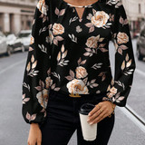 Femmes Blouses Noires Manches Longues Col Keyhole Imprimé Floral Plantes Tout Aller Été Pour Femmes 