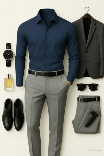 Men’s Classy Office Outfit 2025 Navy Shirt & Grey Pants Mens Fashion.jpg