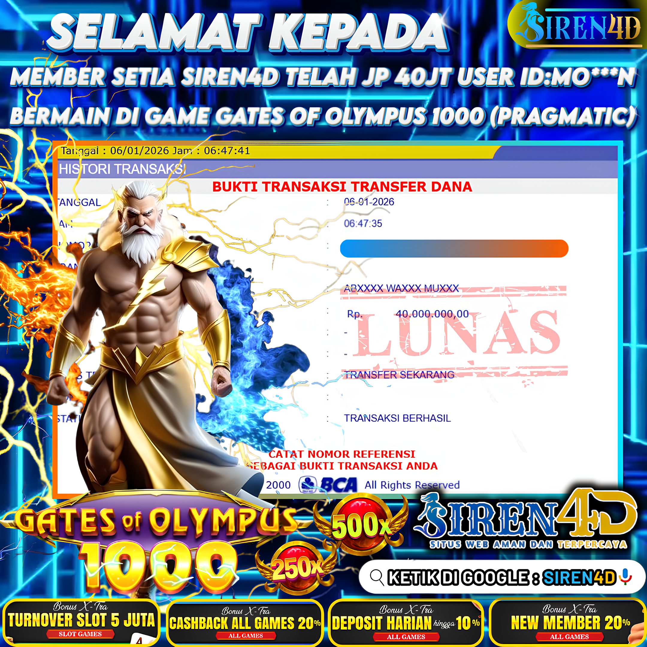 SIREN4D  - TELAH JACKPOT DI GAME GATES OF OLYMPUS  ( PRAGMATIC)  RP 40JT DIBAYAR LUNAS