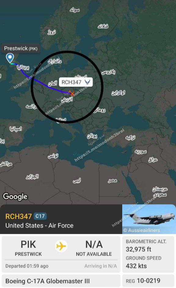 طائرة نقل عسكرية أمريكية من طراز C-17 تقتحم الأجواء متجهة من بريطانيا إلى الشرق الأوسط...