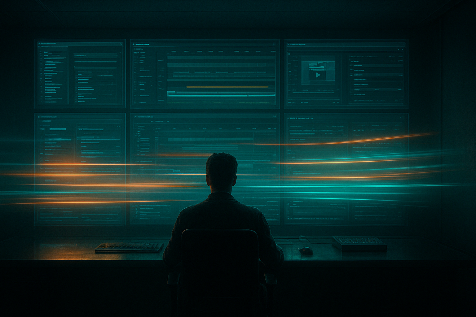 A moody, hyperreal control room where a single operator watches a wall of floating screens showing timelines, captions, and automated publishing queues. Light trails represent tasks moving from left prompts and images to right finished videos posted. Cool teal lighting with warm highlights, crisp reflections, ultra-detailed, cinematic wide shot.