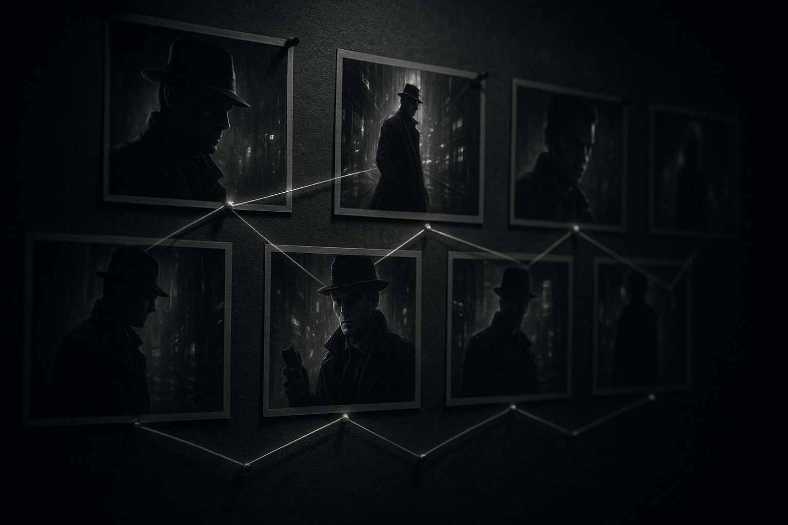 Noir-cyber aesthetic storyboard wall in a dim studio, pinned frames evolving into cohesive scenes across a timeline; consistent protagonist appears repeatedly, glowing thread connects each frame; shallow depth of field, subtle film grain, high-detail, moody rim light, no logos.