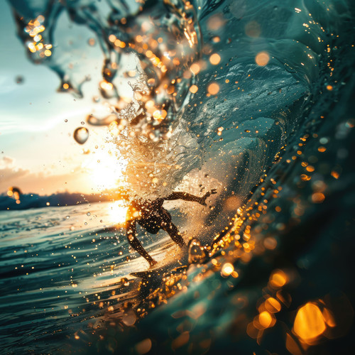 A person is happily riding a wave on a surfboard in the liquid world of the ocean, surrounded by the.jpg